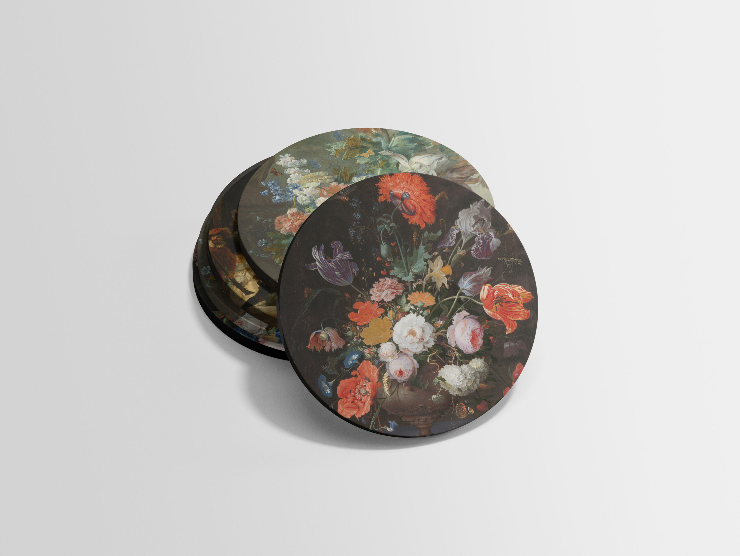 Dibond Muurcirkel Stilleven met bloemen en een horloge van Abraham Mignon