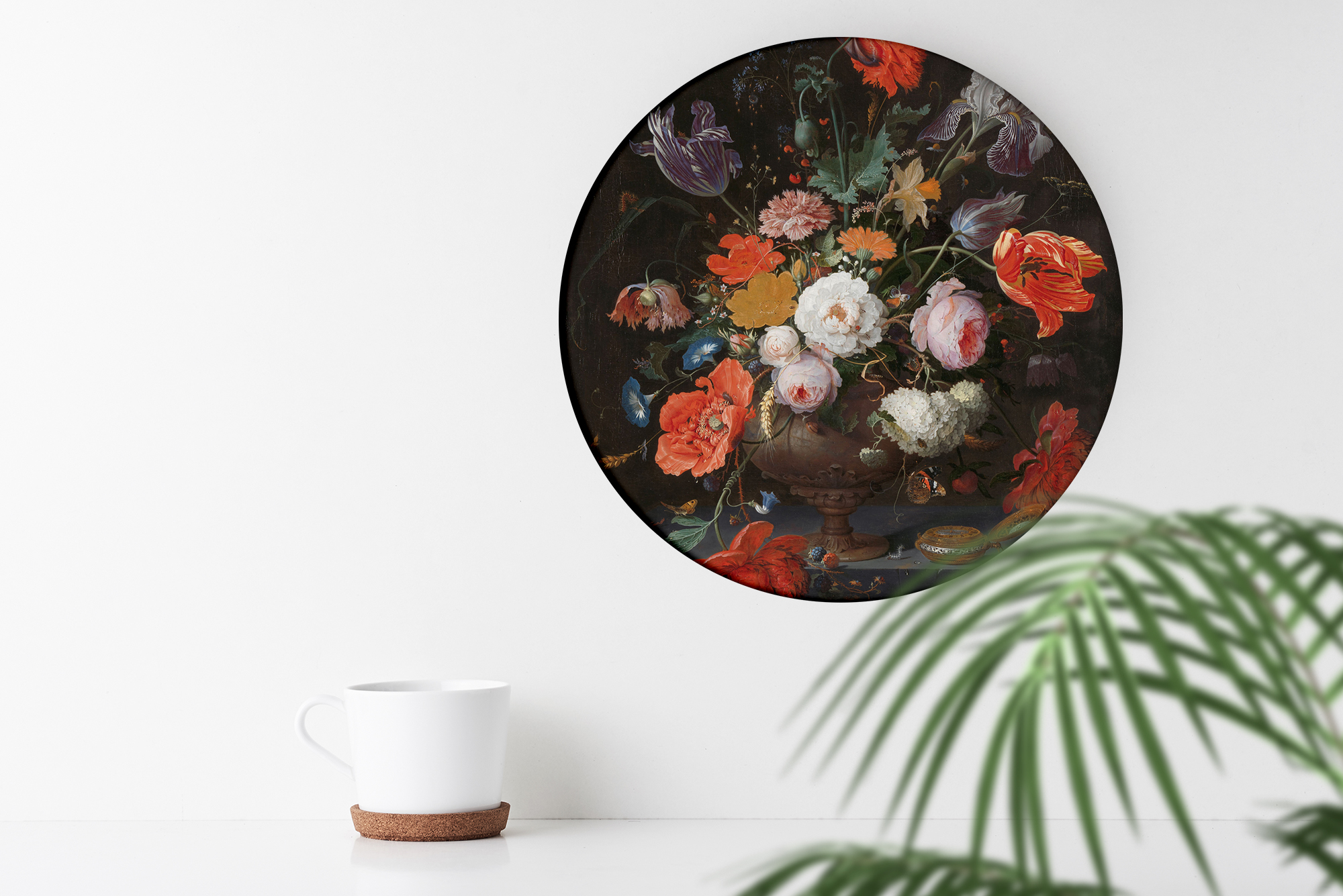 Dibond Muurcirkel Stilleven met bloemen en een horloge van Abraham Mignon